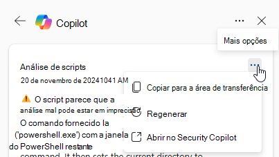 Captura de ecrã que mostra a opção Mais ações no cartão de análise de scripts Copilot.