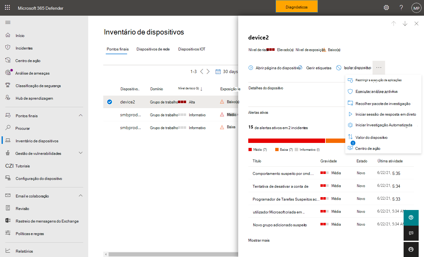 Captura de ecrã das ações disponíveis para um dispositivo selecionado