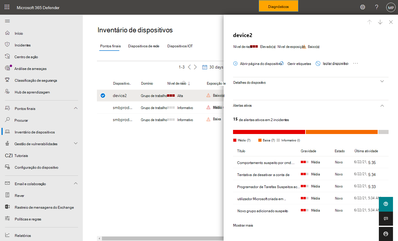 Captura de ecrã do painel de lista de opções de um dispositivo selecionado