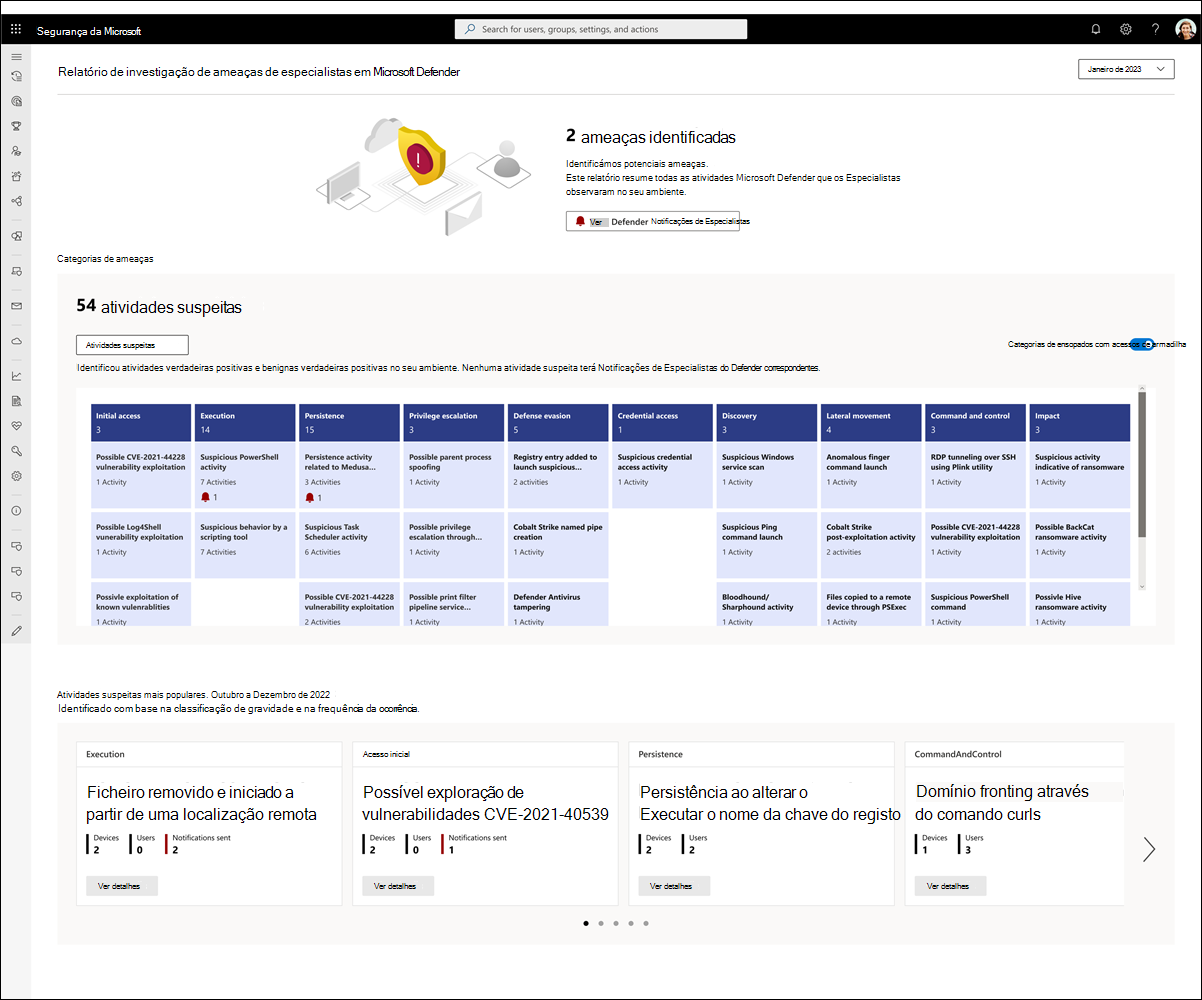 Captura de ecrã de um relatório de Especialistas do Defender para Procura.