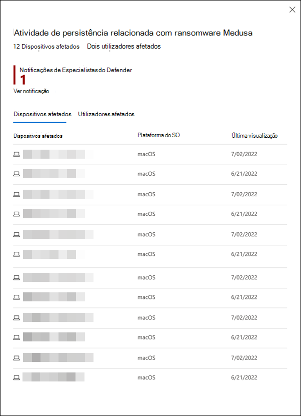 Captura de ecrã a mostrar um painel de lista de opções com uma lista de dispositivos afetados por uma atividade suspeita detetada.