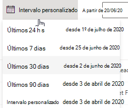 Opções de intervalo de datas da linha cronológica do evento.