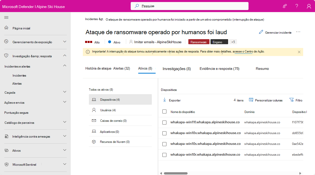 Captura de ecrã da página Utilizadores de um incidente no portal do Microsoft Defender.