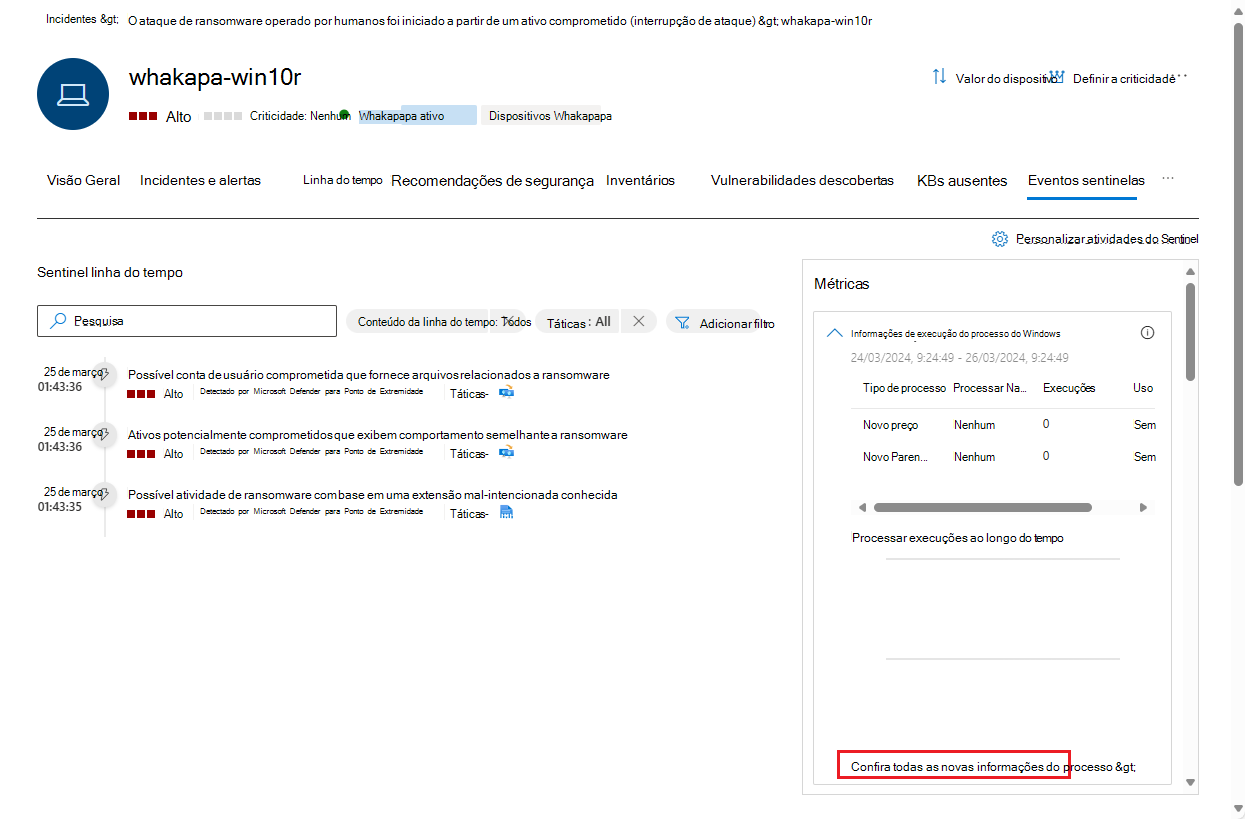 Captura de ecrã do separador Eventos do Sentinel na página da entidade do utilizador.