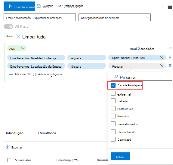 Captura de ecrã do construtor de consultas de modo guiado a investigar e-mails de alta confiança ou spam entregues na caixa de entrada, segunda condição