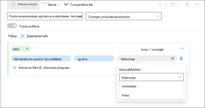 Captura de ecrã dos valores booleanos como terceira condição