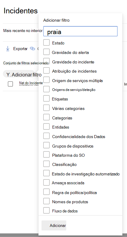 O painel Filtros da fila de incidentes no portal do Microsoft Defender.