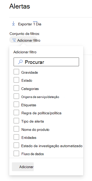 Todos os filtros disponíveis na fila Alertas no portal do Microsoft Defender