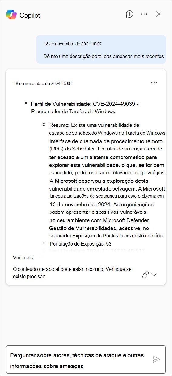 Captura de ecrã que mostra a resposta gerada pelo Copilot no Defender.