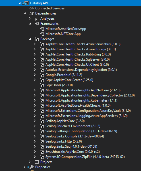 Captura de tela do VS mostrando as dependências do NuGet de Catalog.Api.