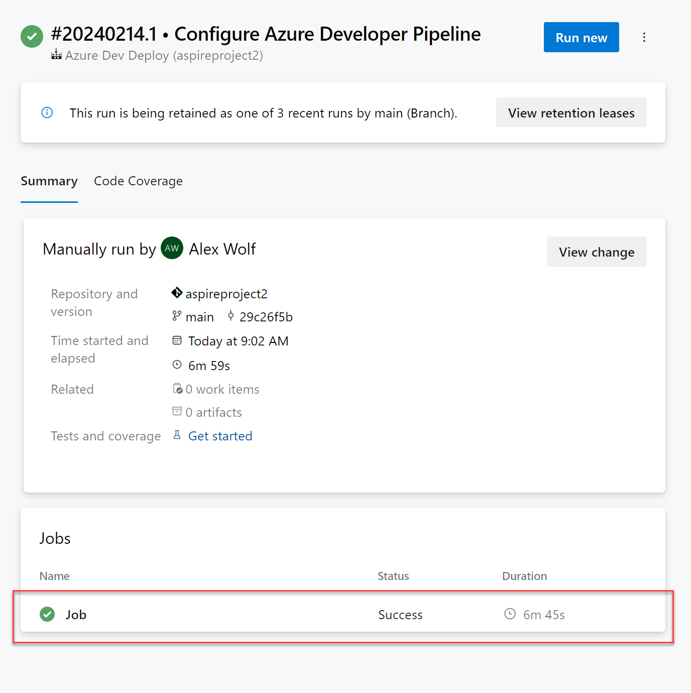 Uma captura de tela mostrando a exibição de resumo da execução do Azure Pipelines.