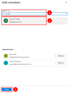 Uma captura de tela da caixa de diálogo Adicionar membros mostrando como selecionar contas de desenvolvedor a serem incluídas no grupo.