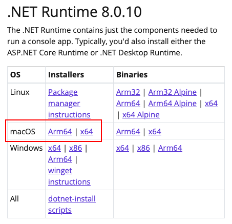 Uma captura de tela mostrando apenas a tabela de download do .NET Runtime do site de download do .NET. A linha do macOS é realçada com uma caixa vermelha.