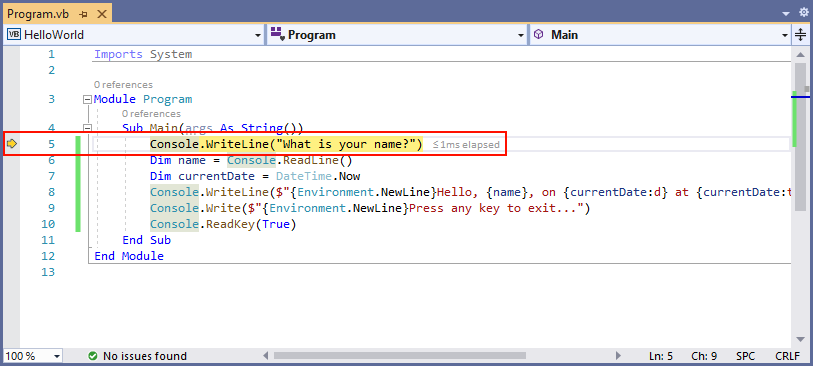 etapa do Visual Studio na origem do método - Visual Basic