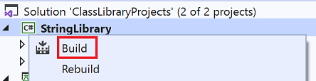menu de contexto StringLibrary com comando build