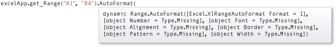 Captura de tela mostrando informações rápidas do IntelliSense para o método AutoFormatação.