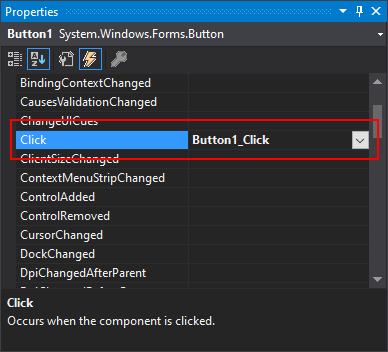 painel de propriedades do Visual Studio mostrado com o modo de eventos ativado e o evento de clique.