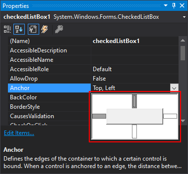 Painel Propriedades do Visual Studio para .NET Windows Forms com propriedade Anchor expandida.