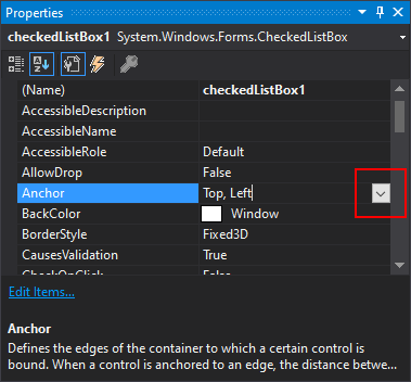 Painel de Propriedades do Visual Studio para .NET Windows Forms com a propriedade Anchor mostrada.