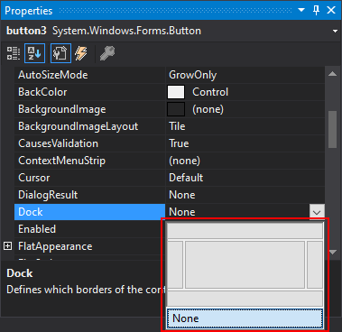 Painel de Propriedades do Visual Studio para .NET Windows Forms com propriedade Dock expandida.