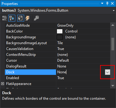 painel Propriedades do Visual Studio para .NET Windows Forms com propriedade Dock mostrada.