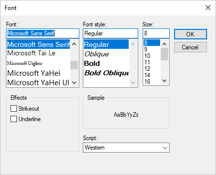 painel de Propriedades do Visual Studio para .NET Windows Forms com a janela de definições de fonte.