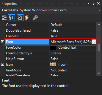 Painel de Propriedades do Visual Studio para .NET Windows Forms com a propriedade Fonte mostrada.