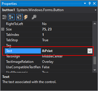 painel Propriedades do Visual Studio para .NET Windows Forms com propriedade Text mostrada.