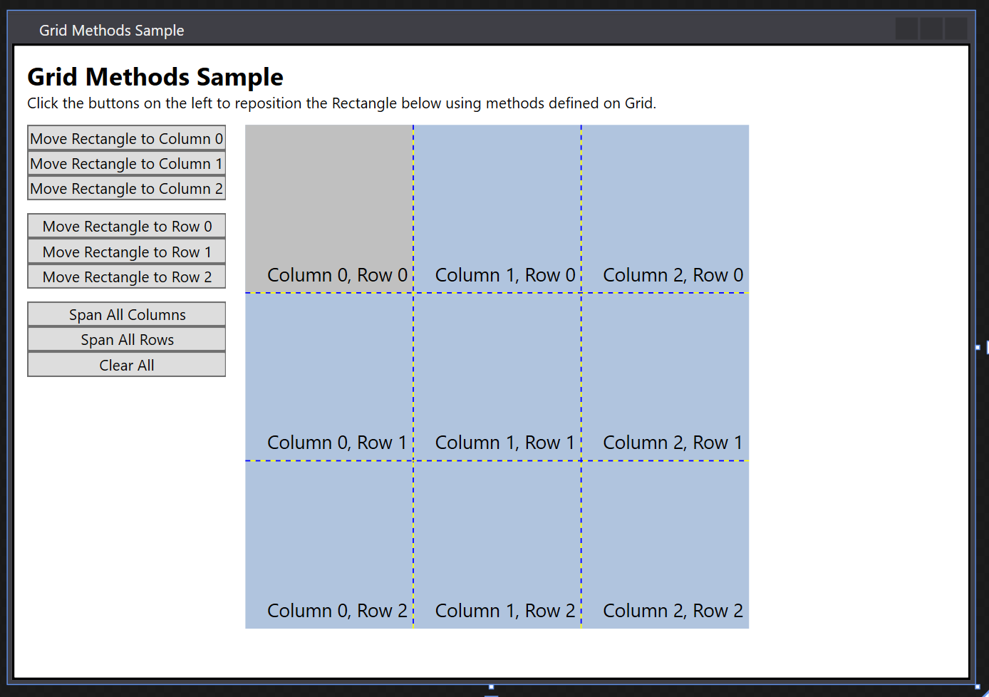 uma captura de tela mostra uma interface de usuário WPF com duas colunas, o lado direito tem uma grade 3 x 3 e o esquerdo tem botões para mover um retângulo colorido entre as colunas e linhas da grade