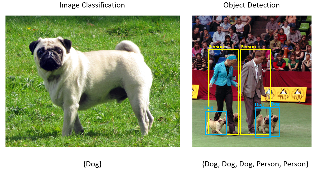 Capturas de ecrã a mostrar a Classificação de Imagens versus Classificação de Objetos.