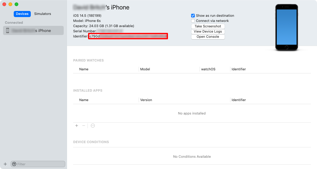 Janela Dispositivos e simulador Xcode com o local da cadeia de caracteres do identificador do iOS realçado.