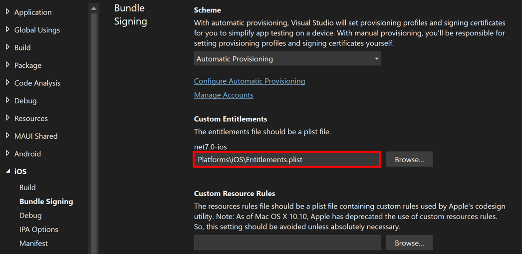 Conjunto de campos de direitos personalizados do Visual Studio.