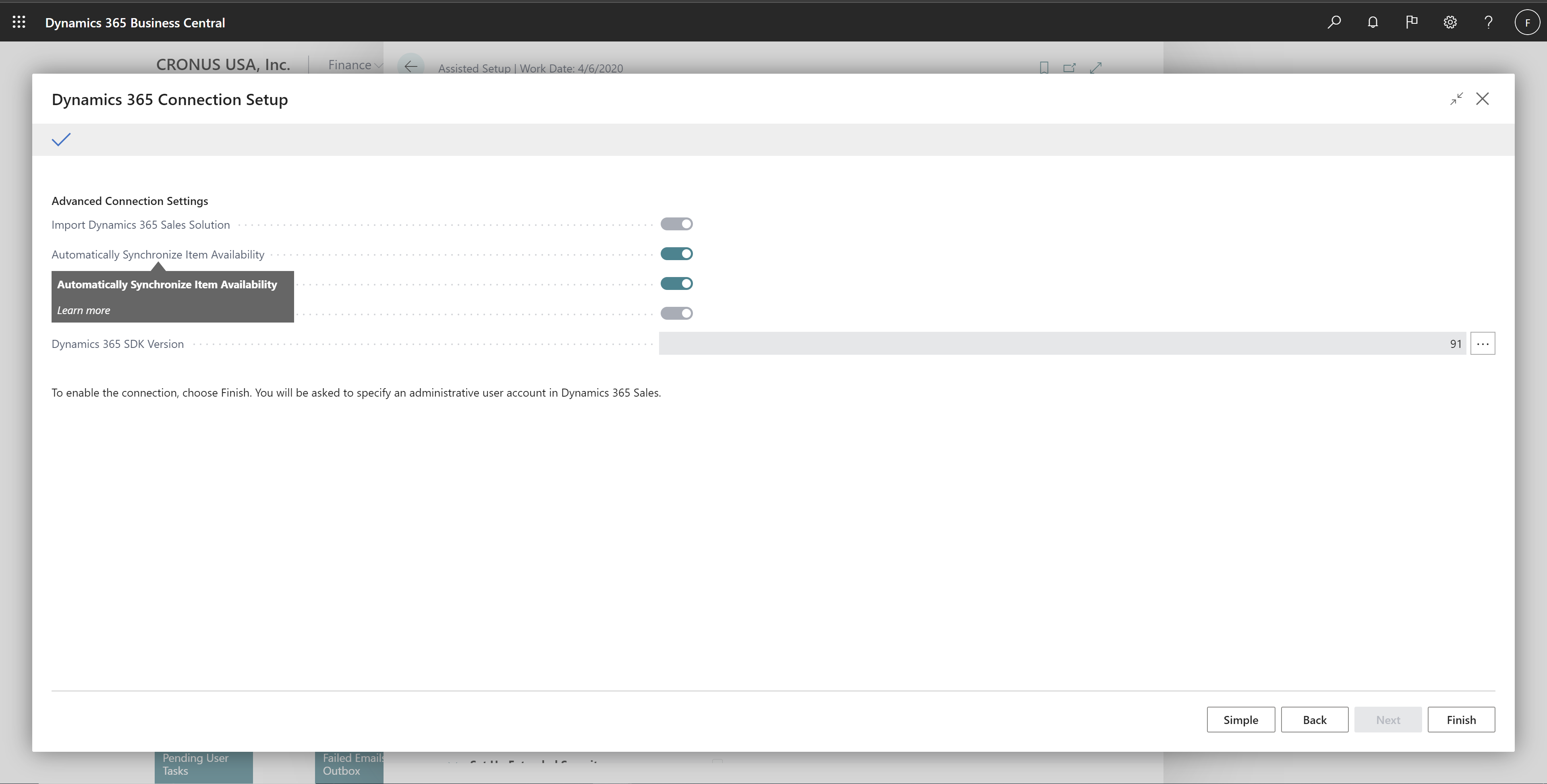 Configuração Assistida para Dynamics 365 Sales em modo avançado com Sincronizar Disponibilidade do Item Automaticamente