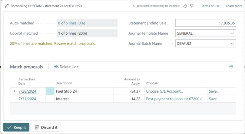 Screenshot that shows Copilot Proposals for Posting Differences to G/L Accounts window.