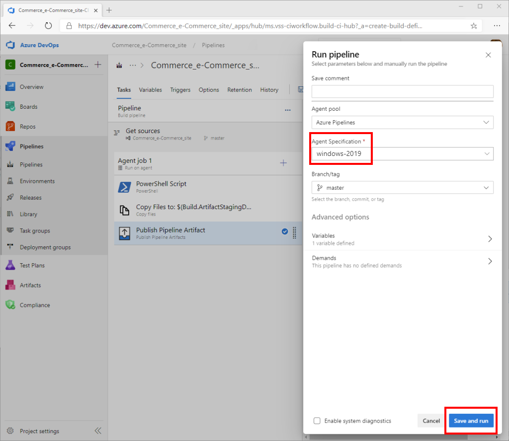 "Run pipeline" dialog box with "Agent specification" field and "Save and run" button highlighted