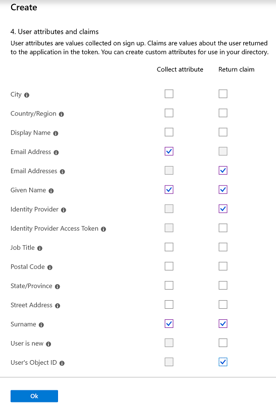 Atributos e afirmações selecionados.