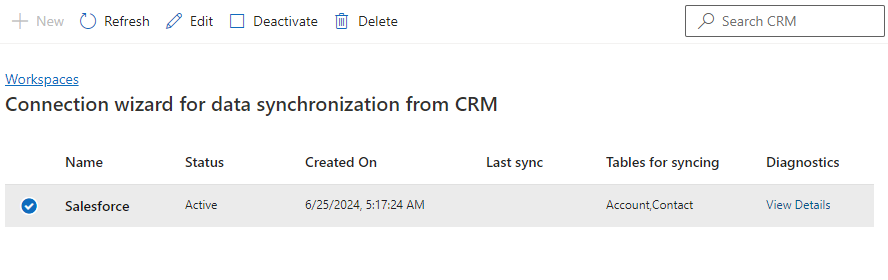 Captura de ecrã da página do conector no Dynamics 365 Contact Center a mostrar os botões e as ligações para as ações que pode realizar.