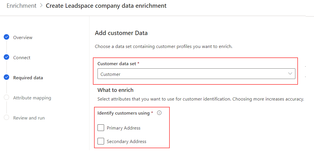 Captura de ecrã de quando escolhe o conjunto de dados do cliente.