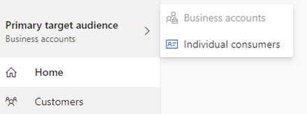 Comutador para alterar a audiência alvo principal entre clientes individuais e contas empresariais.