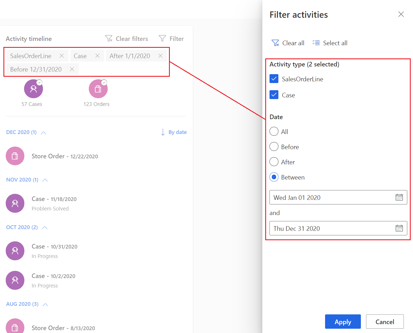 Utilize o painel de filtros para configurar as condições do filtro.