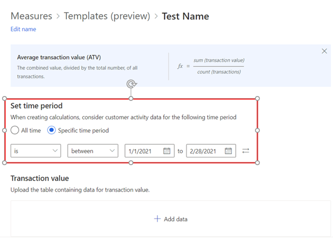 Captura de ecrã a mostrar a secção do período de tempo ao configurar uma medida a partir de um modelo.