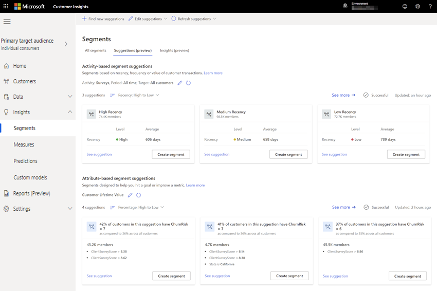 Separador de segmentos sugeridos a mostrar sugestões de segmentos para segmentos baseados em atividades e em atributos.