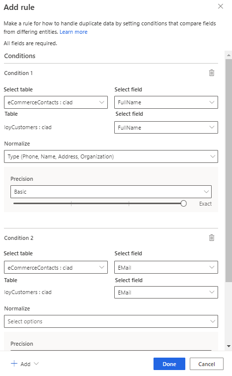 Unificar a regra de correspondência para nome e e-mail.