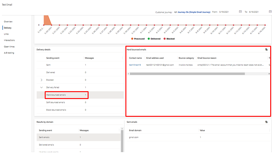 Captura de ecrã a mostrar detalhes de devolução do e-mail.