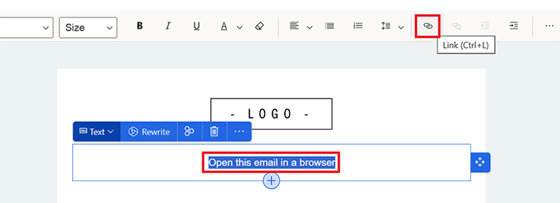 Associe qualquer texto no editor de e-mail para usar Ver no browser