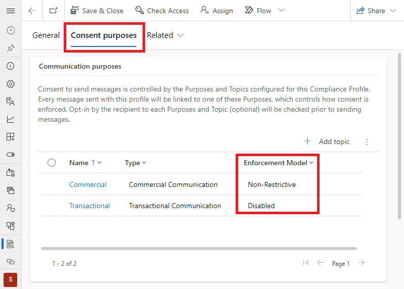 Captura de ecrã a mostrar a atualização das finalidades de consentimento de um centro de subscrições.