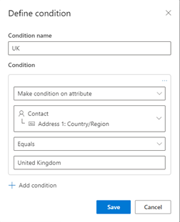 Captura de ecrã que mostra o bloco de conteúdo Rodapé de Todos os Países com uma condição definida.