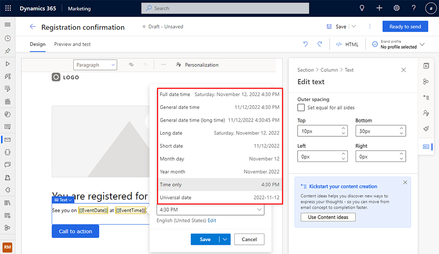 Captura de ecrã de uma variedade de formatos de data e hora.