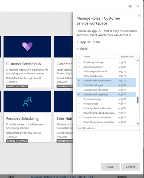 Remover a aplicação Omnicanal para Customer Service de funções