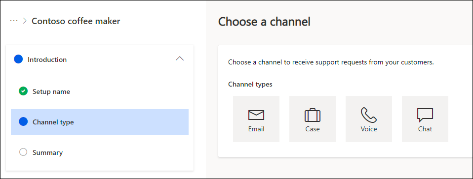 Uma captura de ecrã da configuração de canal guiado a mostrar os tipos de canal que podem ser definidos com a configuração guiada.